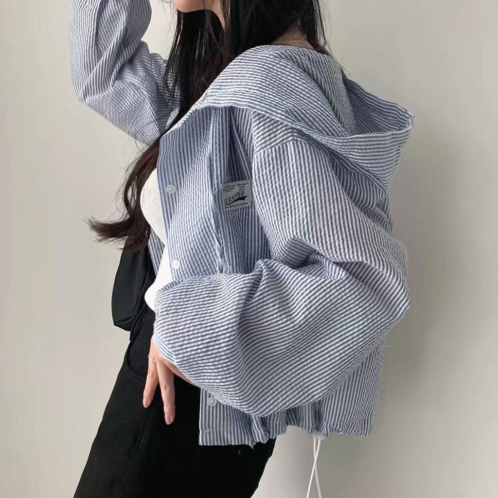 Koreanische Chic Nadelstreifen Colorblock Kapuzenjacke mit Knopfleiste für Damen