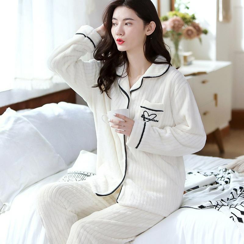 Suit Pajamas, Women's Coral Fleece Pajamas, Autumn and Winter Thickened Warm Flannel Pajamas, Women Can Wear Home Service Outside