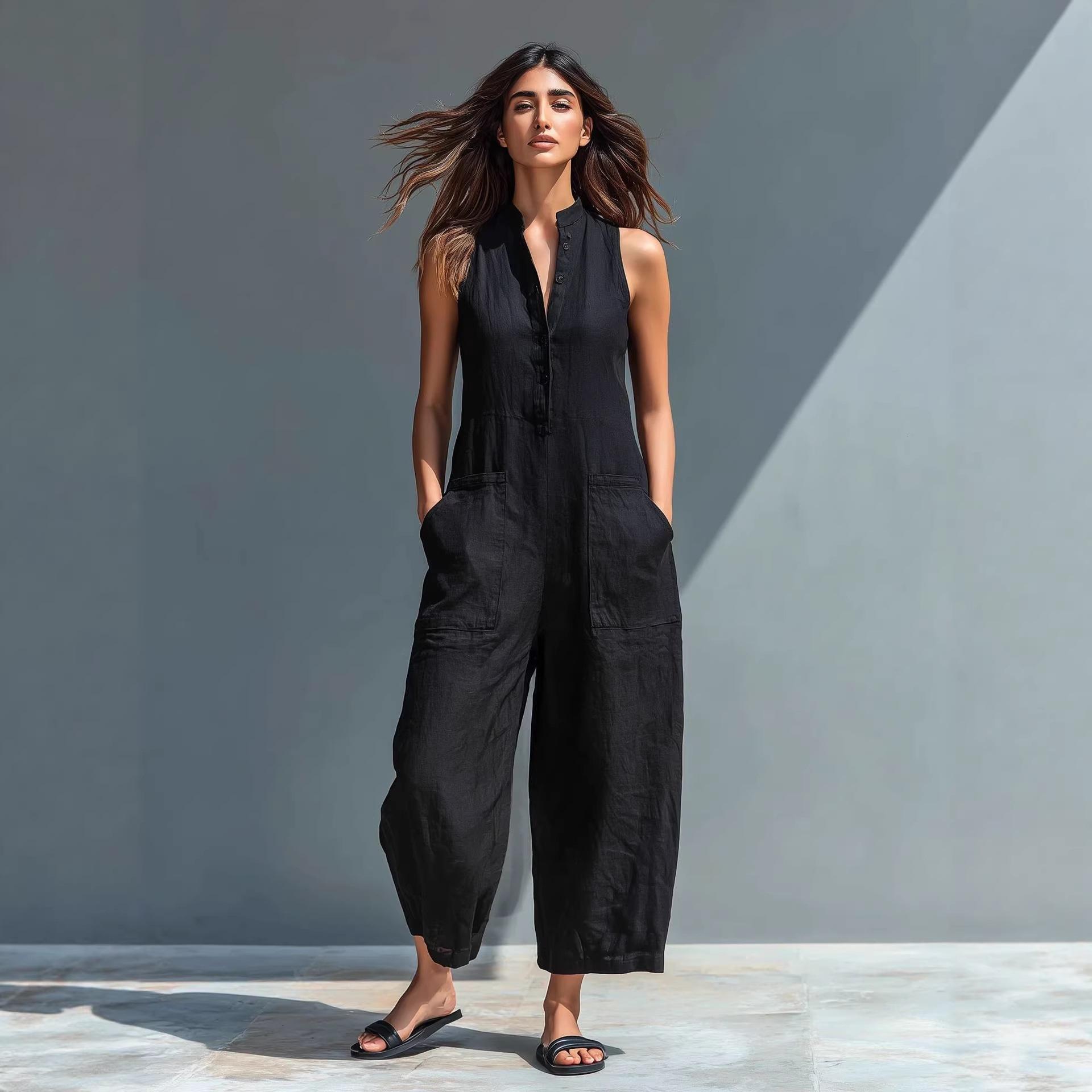 

Spot new women s simple linen blend buckle stand-up collar sleeveless loose jumpsuit S чёрный