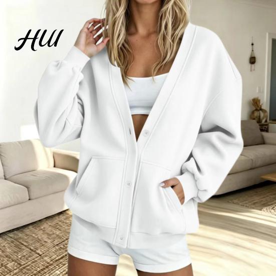 V Neck Cardigan Women Button Front V-Neck Cardigan, Solid Color Oversized Sweatshirt with Fall Winter Top Dual Pockets, Long Sleeve Casual Jacket for