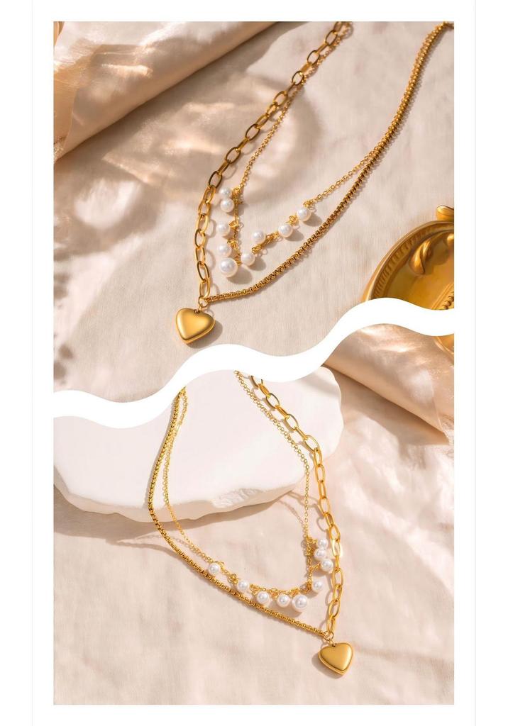 18K Stainless Steel Heart Pendant Pearl Double-Layer Chain Necklace - Colorfast Jewelry