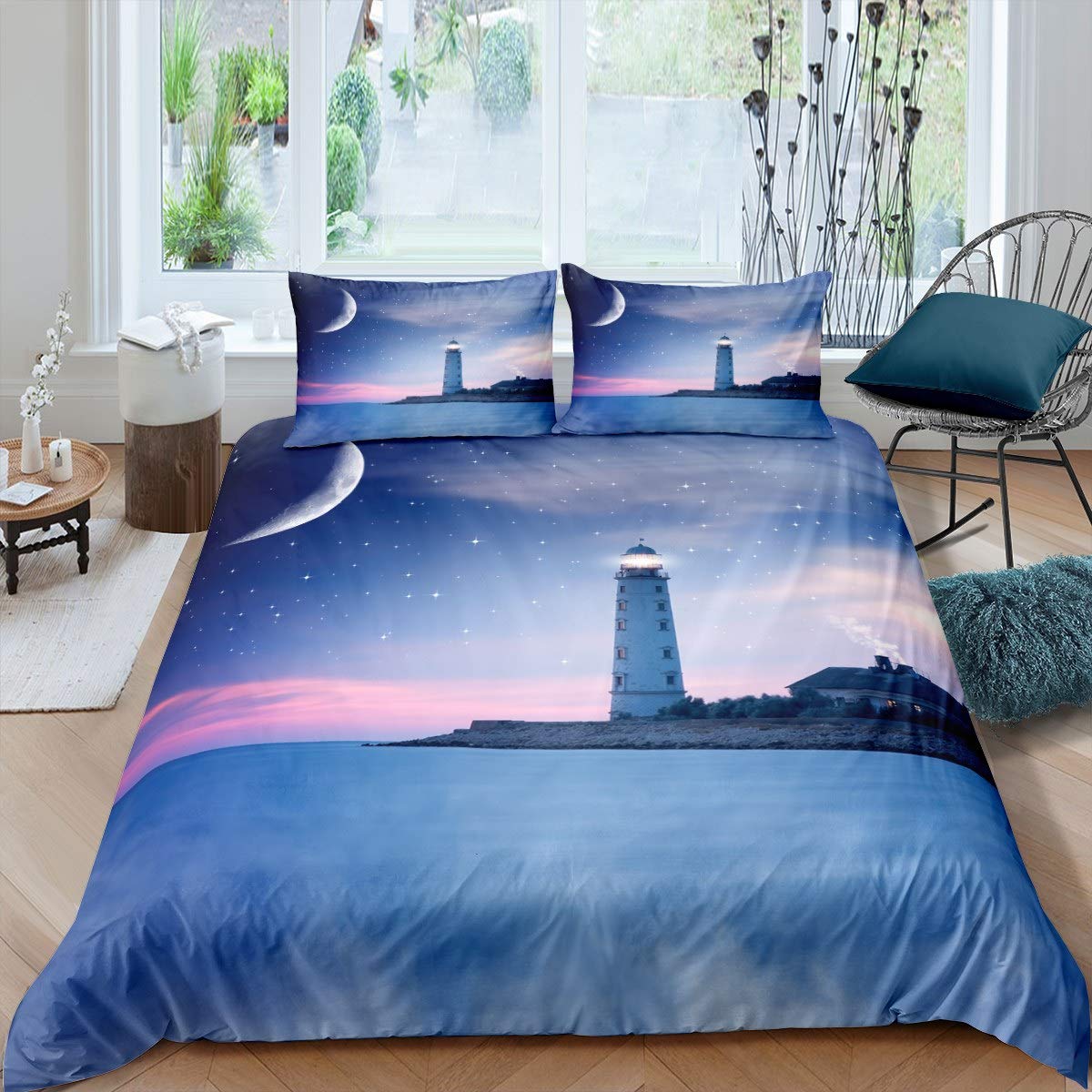 

Lighthouse Duvet Cover Set Nautical Surfing Ocean Wave Bedding Set Queen Polyester Coastal Nature Theme Quilt Cover For Boy EU single(135x200cm)
