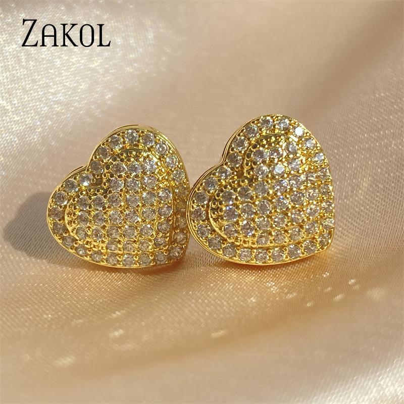 Fashion Heart CZ Stud Earrings for Women Cute Zirconia Female Band Marriage Statement Wedding Party Jewelry