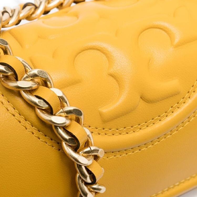 Tory Burch Fleming Matte Diamond Quilted Tassel Pendant Woven Chain Shoulder Bag Flap Lambskin Crossbody Women Shoulder Bag Yellow 75576-744