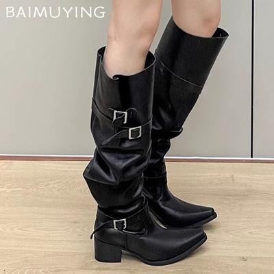 Pointed Toe Chunky Women High Boots Mid Heels Leather Fashion Sexy Winter Shoes 2025 Trend Goth Pumps Knee High Botas De Mujer