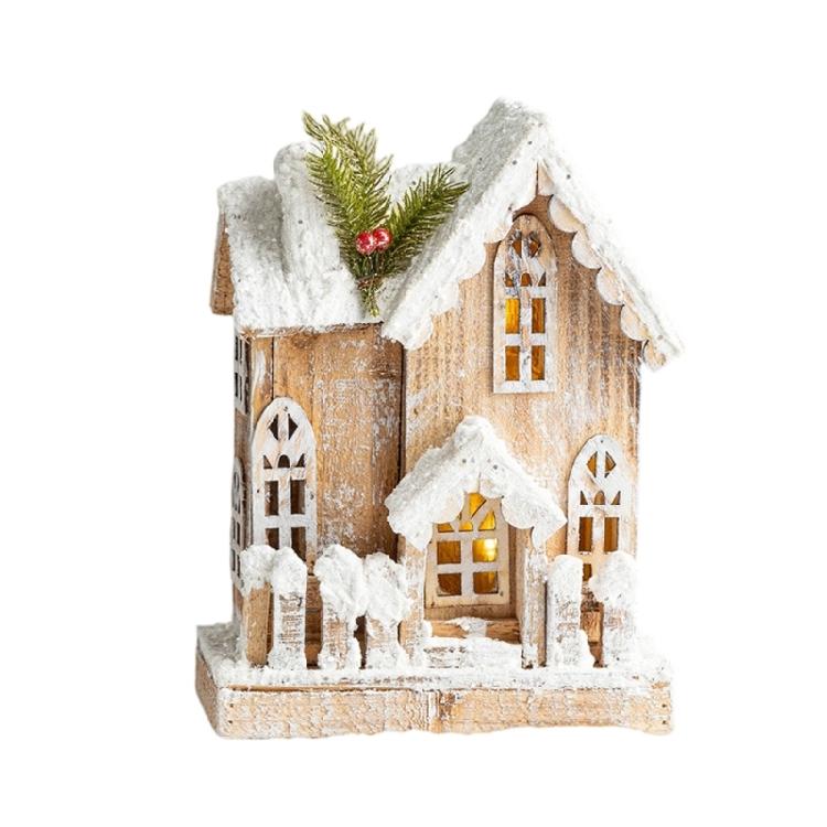Table Display Christmas Cottage Ornament with Light Effect, Wooden Snow Cabin Decoration for Tabletop Shelf Styling