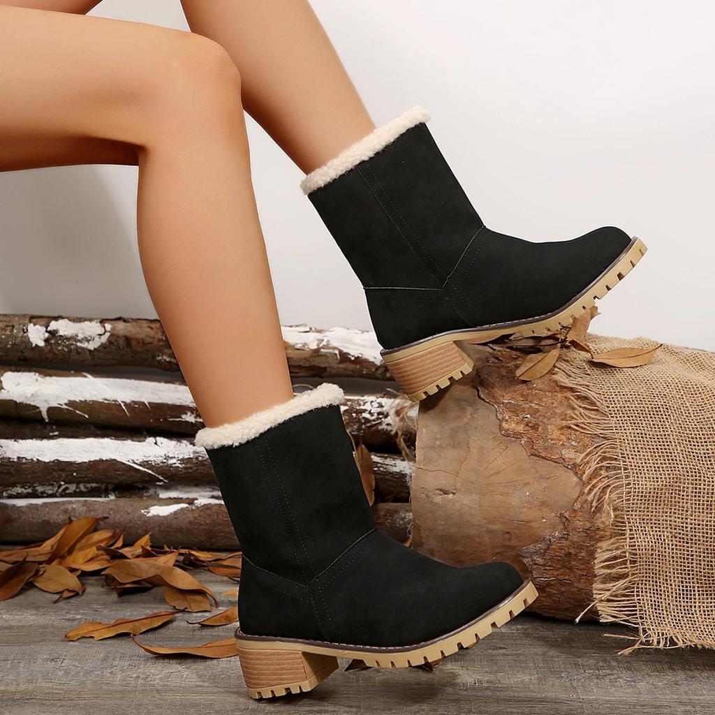 Sieviešu zābaki 2024. gada jauni ziemas modes ikdienas apavi sievietēm Ērti, silti, kvadrātveida papēži, apaļš purngals vienkrāsaini sieviešu puszābaki