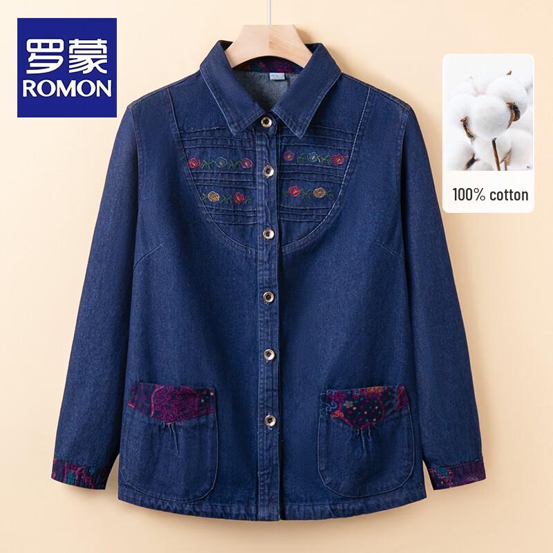 ROMON Women s Floral Cotton Denim Long Sleeve Shirt 3XL