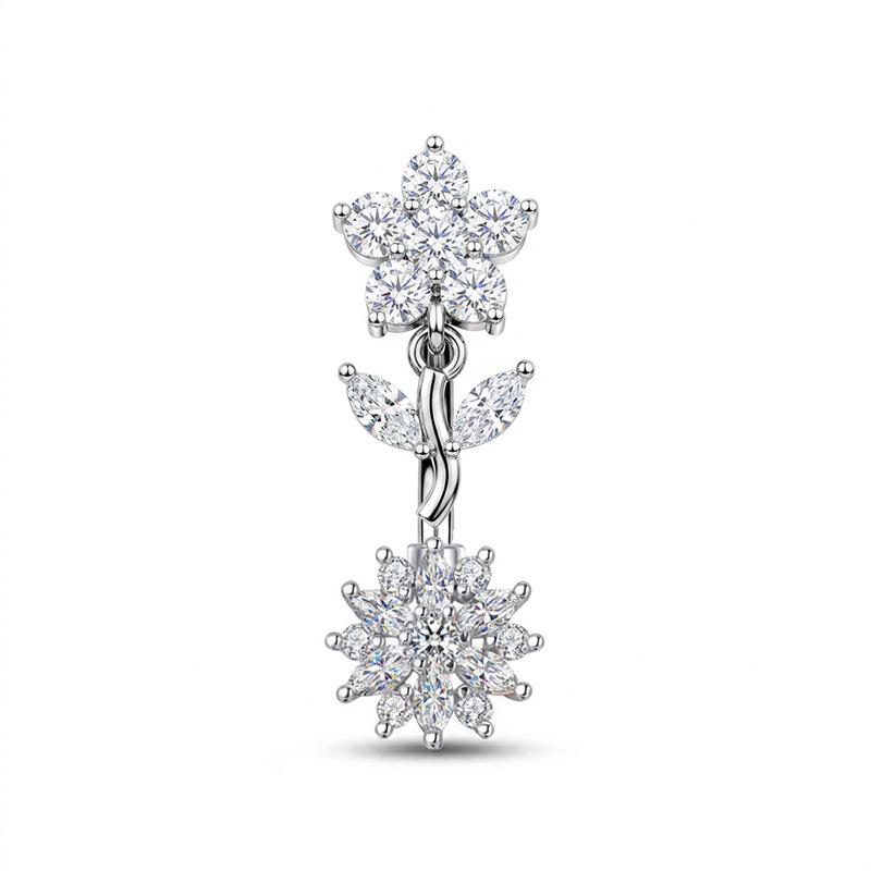 Hypoallergenic Navel Ring Shiny Cubic Zirconia Flower Design Durable Stainless Steel Belly Button Piercing for Women Gifts
