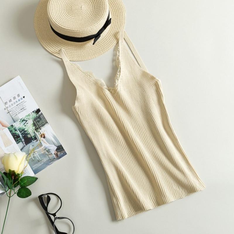 New Women's Crocheted Lace Splicing V-neck Halter Vest Knitted Short Slim-fit Jacket