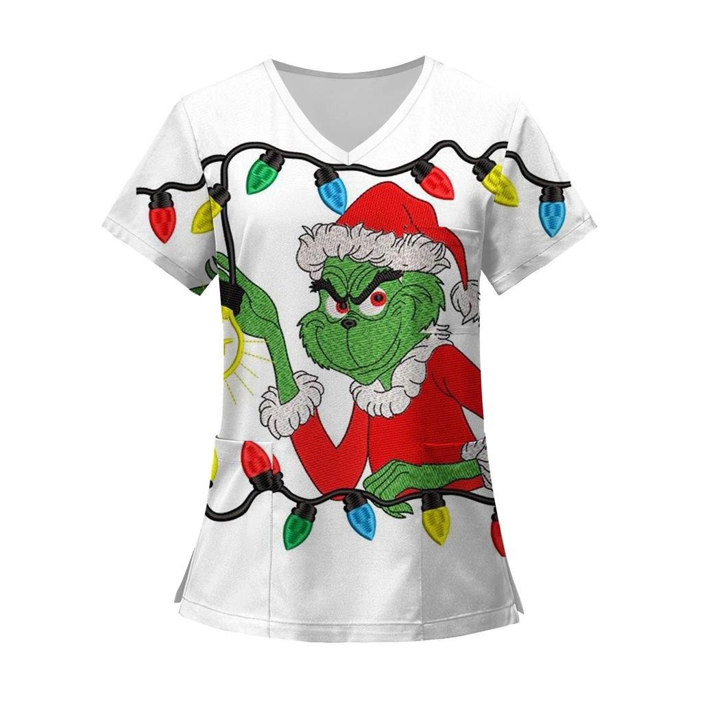 Camisetas de trabajo con bolsillos y cuello en V y manga corta estampadas a la moda para mujer