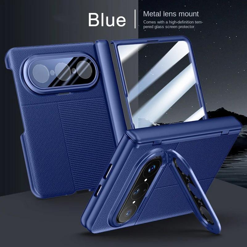 Leather Spring Hinged Lens Camera Holder Stand Case For Huawei Pura X Max With Screen Tempered Glass Protector Cover