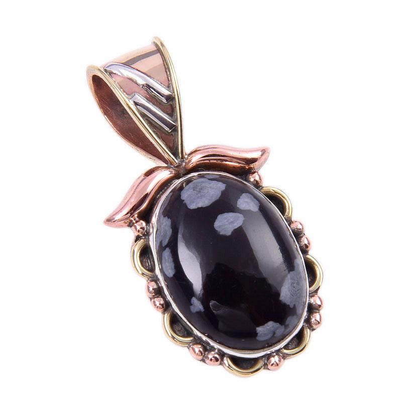 Pietră prețioasă Obsidian Fulg de Nea Natural Argint Masiv 925 Pandantiv Bicolor 1.25" q7H33