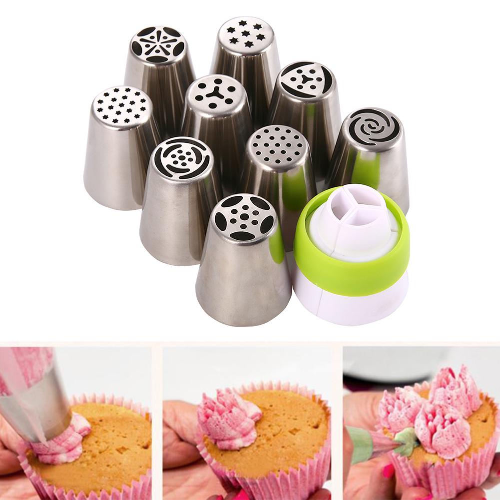 Cake Decorating Supplies Russian Piping Tips 11-Pcs Sets(9 Russian Tips,1 Disposable Pastry Bag 1 Tri-Color Coupler)