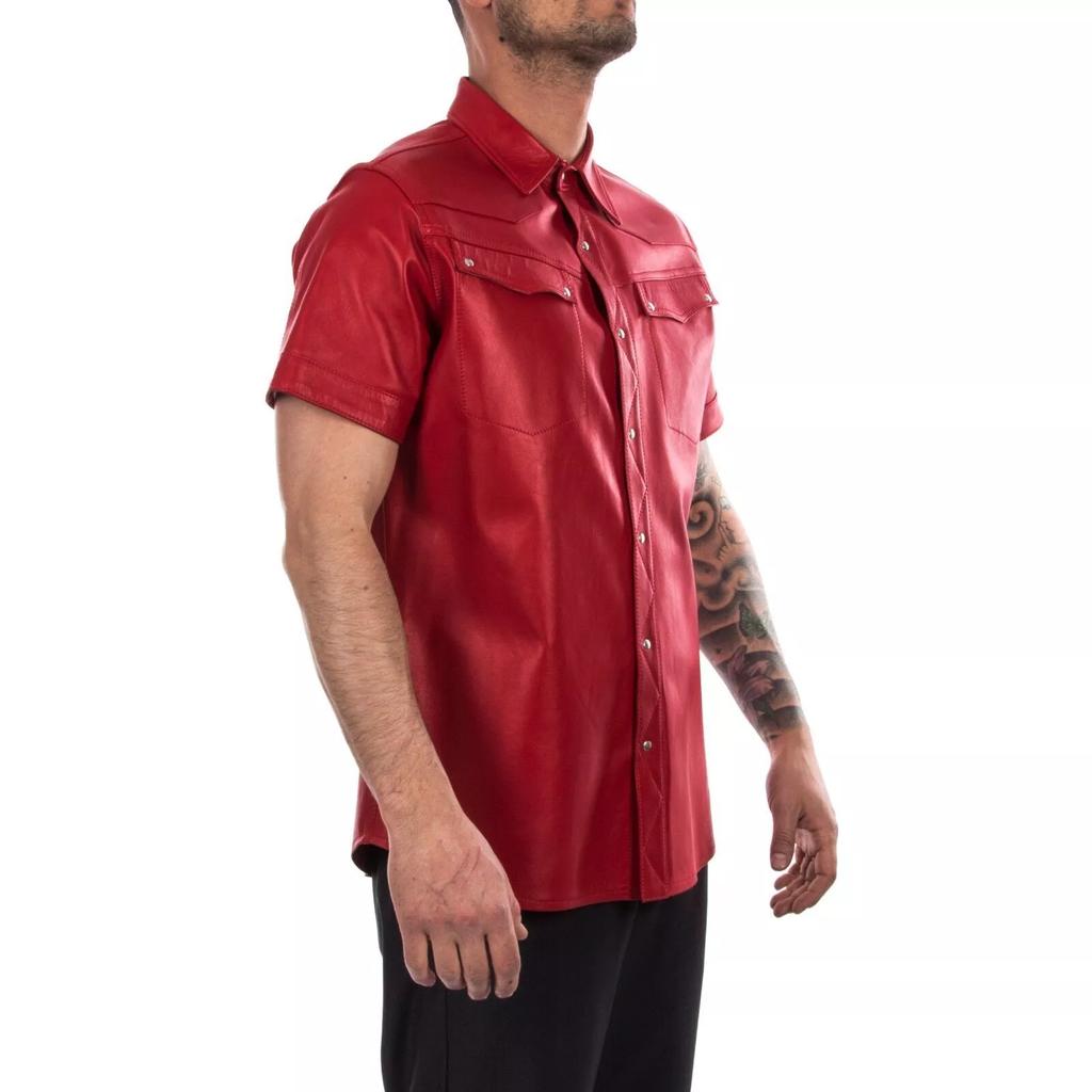 Men Shirt Red Handmade Leather Lambskin Formal Casual Stylish Classic