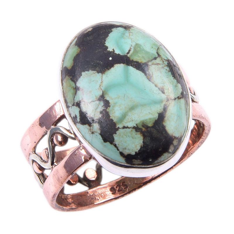 Natural Tibetan Turquoise Gemstone 925 Sterling Silver Two Tone Ring Size 9 n2H09