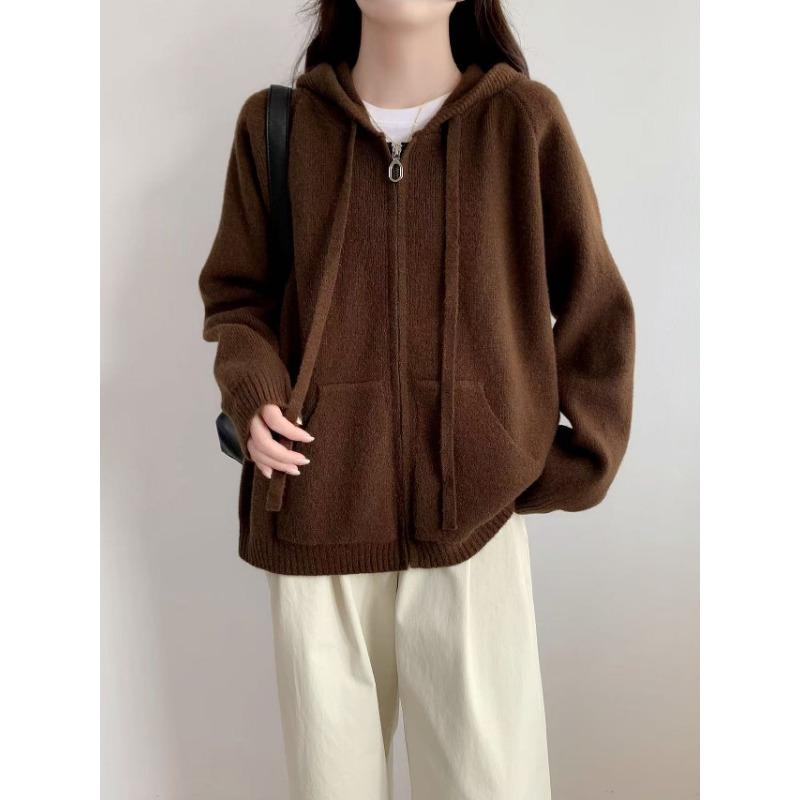Lazy Wind Hooded Sweater Jacket Women's Autumn and Winter New Loose Casual Zipper Knitted Cardigan Jacket