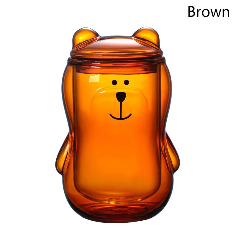300ml Kreativer Bär Doppelbecher Personalisierte Kaffeetasse mit Deckel Transparente Glas Kaffeetasse Niedliche Cartoon Bernstein Bär Tassen