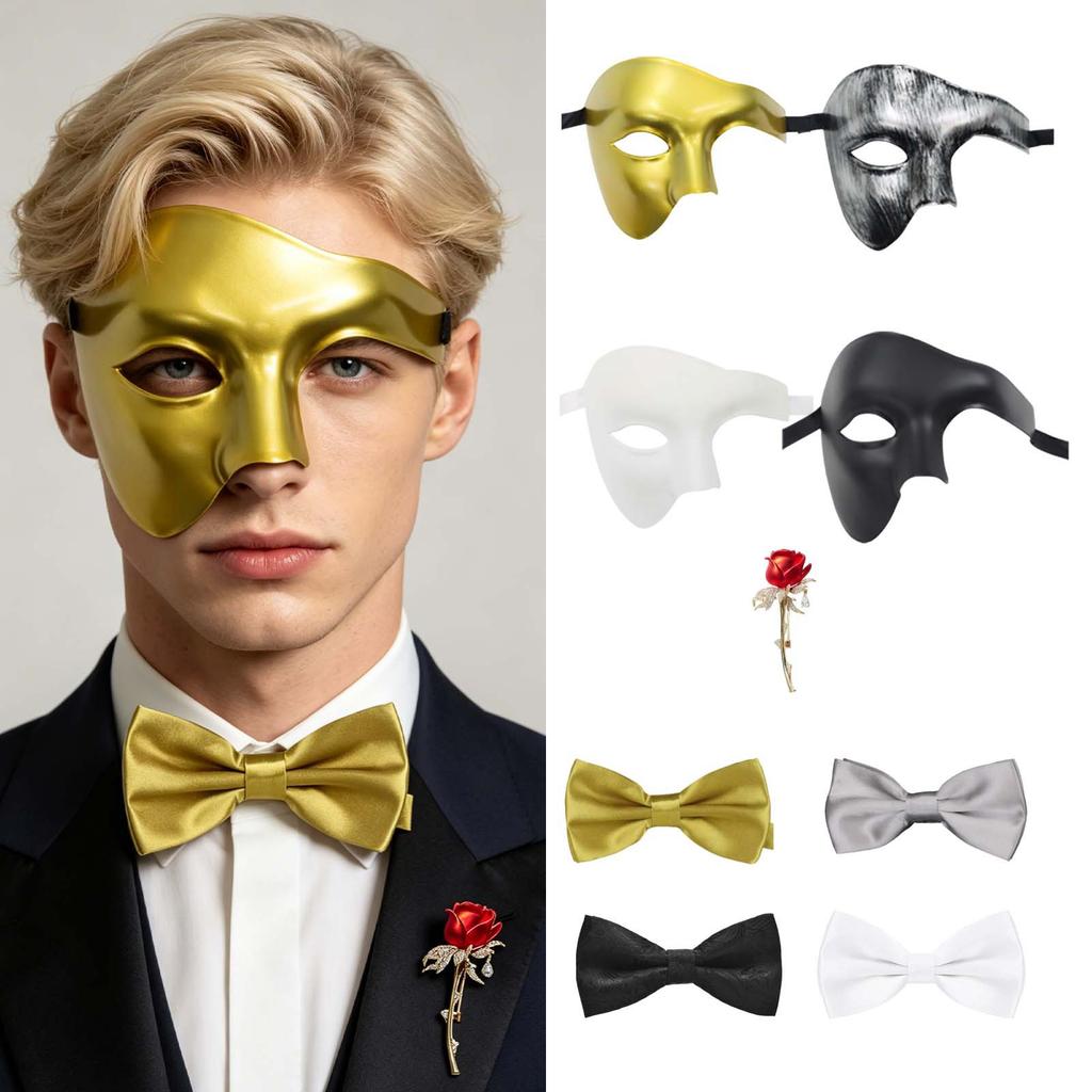 Half Face Set with Tie and Brooch Pin for Halloween Masquerade Party Costume