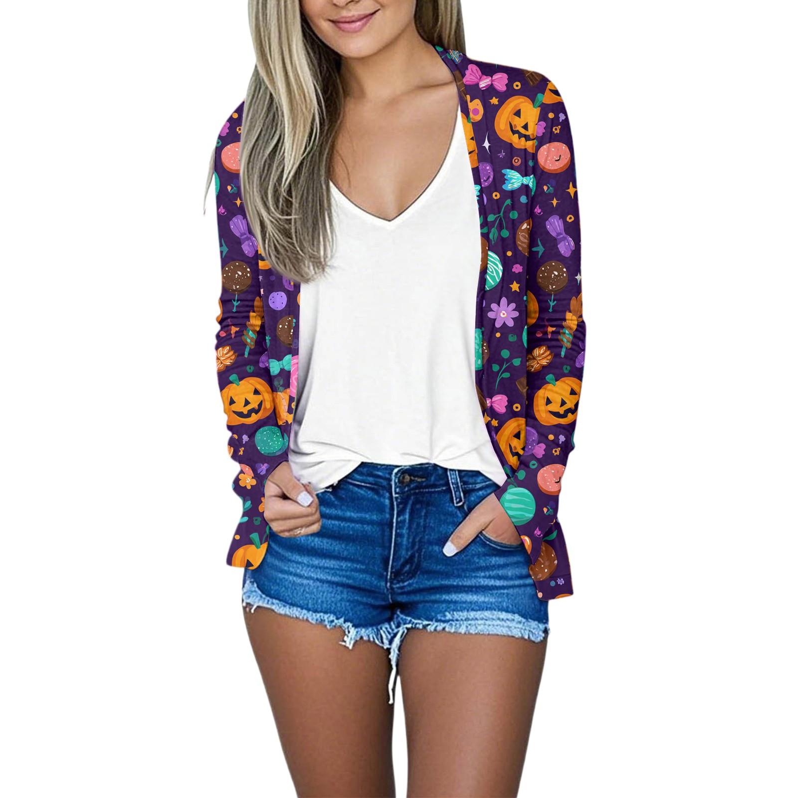 

Женский свободный удобный повседневный модный кардиган с длинным рукавом и принтом на Хэллоуин L темно-фиолетового