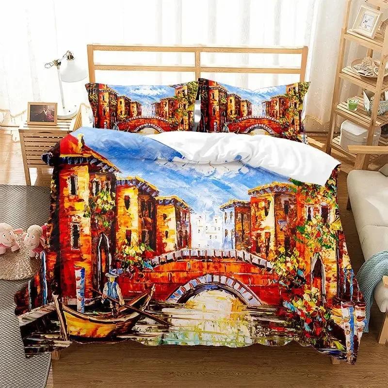 Oil Painting Landscape Duvet Cover King Queen Size Seaside Sunset Colorful Painted Style Art Print Polyester Comforter Cover