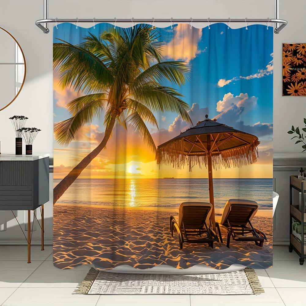 Tropical Sunset Beach Bath Curtain - Palm Tree & Lounge Chairs; Waterproof Home Decor Adds Vacation Vibes to Your Bathroom