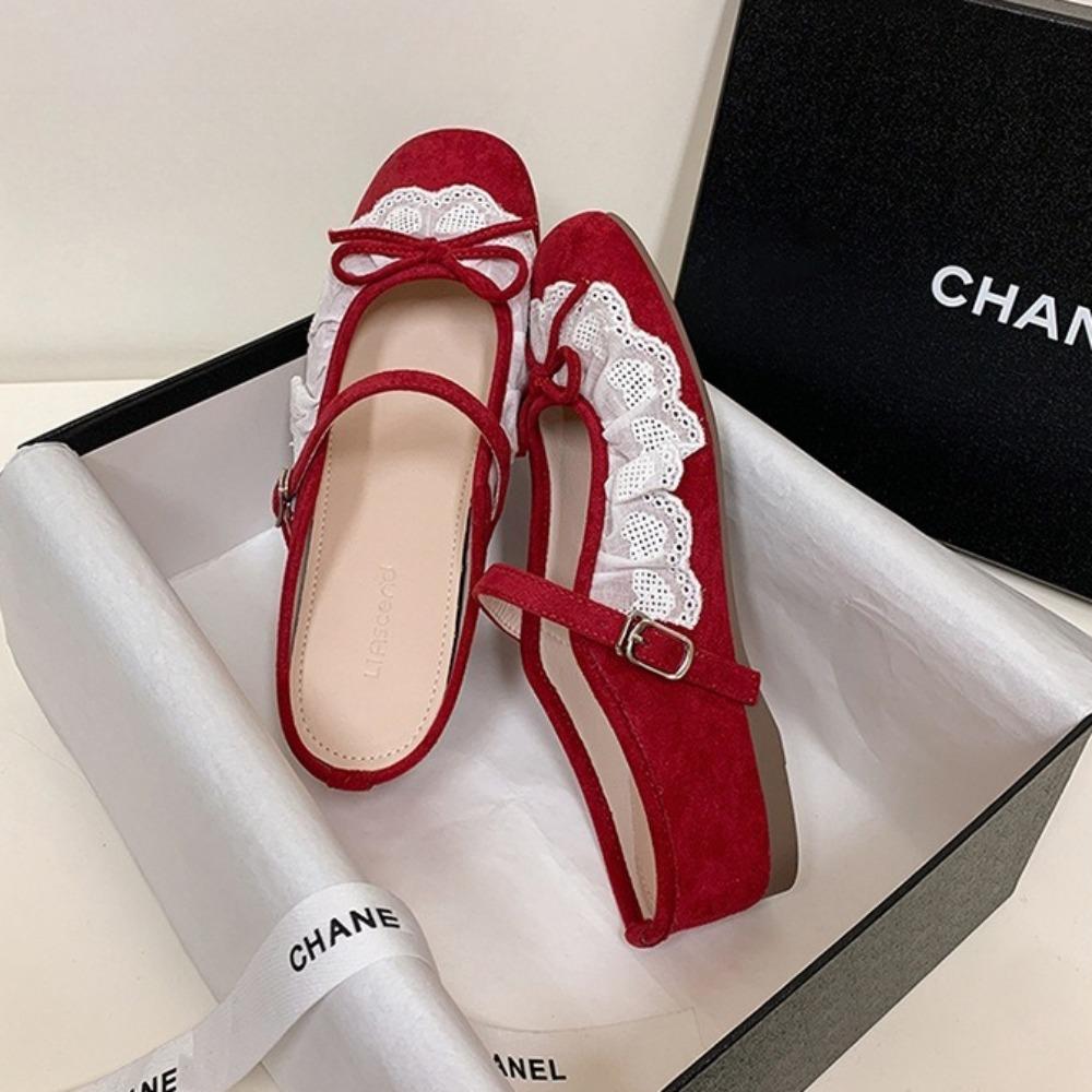 Flats Women's 2025 French Retro Lace Mary Jane Shoes Spring/summer New Shallow Mouth Inner Height Increase Half Drag Women Shoes