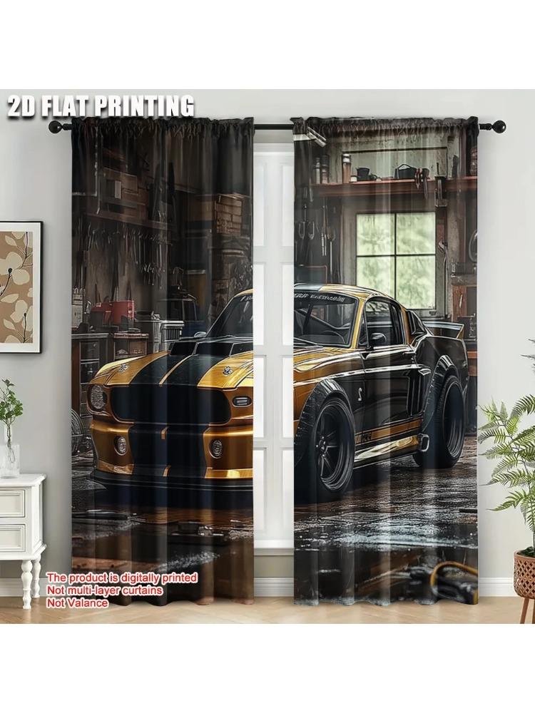 

Set Of 2 Curtains Print Complex Ancient Super Car Garage Without Rod Decorations Outdoor Curtain Light Filtering Made Polyester Machine Washable W100*H70(CM)-Hooks&1PCS