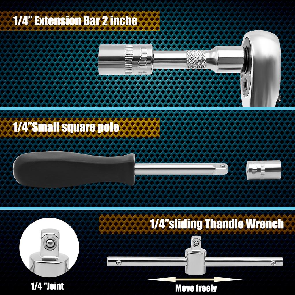 Socket Wrench Set 1/4" 24/72 Tooth Ratcheting Wrench Set with Extension Bar for Motor Repairing and Household, with Storage Case