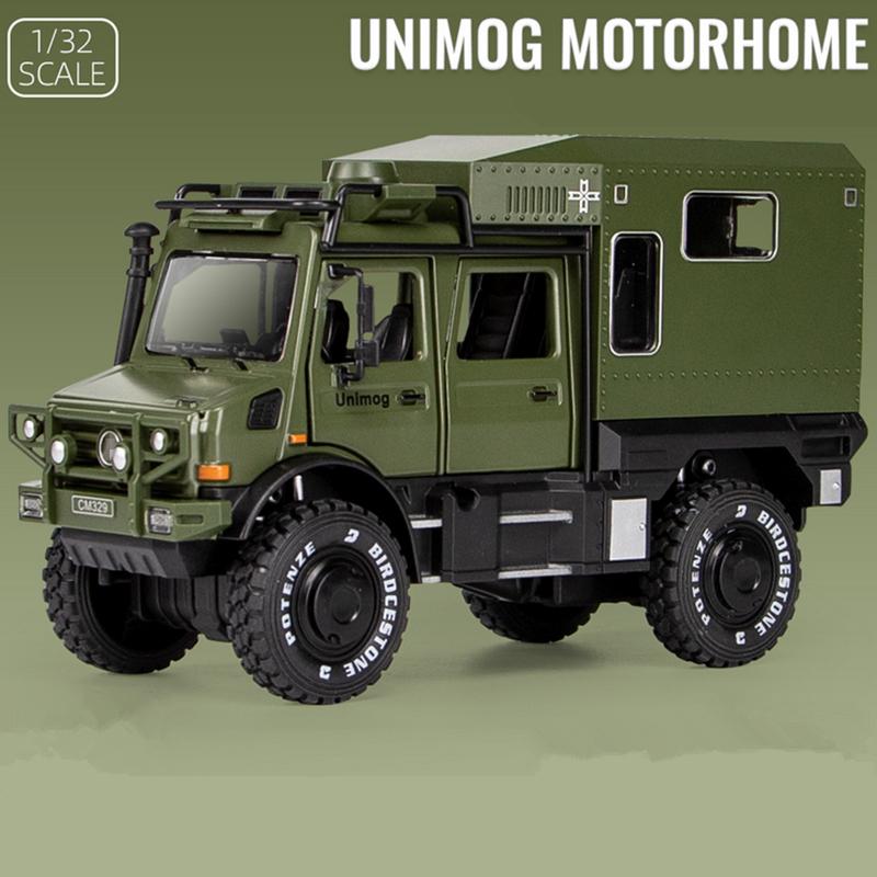 

1/28 UNIMOG U4000 Motorhome Alloy Cross-country Touring Car Model Diecast Toy Off-road Vehicles Model Sound and Light Kids Gift зелёный