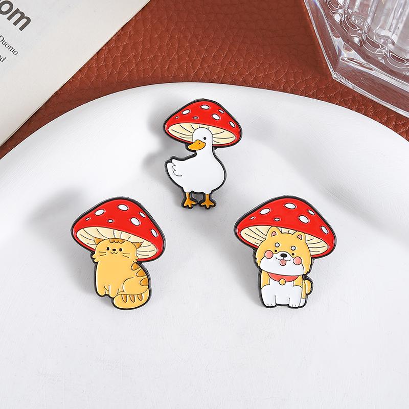 Animal Mushrooms Enamel Pins Custom Cat Dog Goose Brooches Lapel Badges Clothes Animal Jewelry Gift for Kids Friends