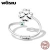 WOSTU 925 Sterling Silver Exquisite Zircon Hollow Four-leaf Clover Open Ring for Women Fine Jewelry Gift