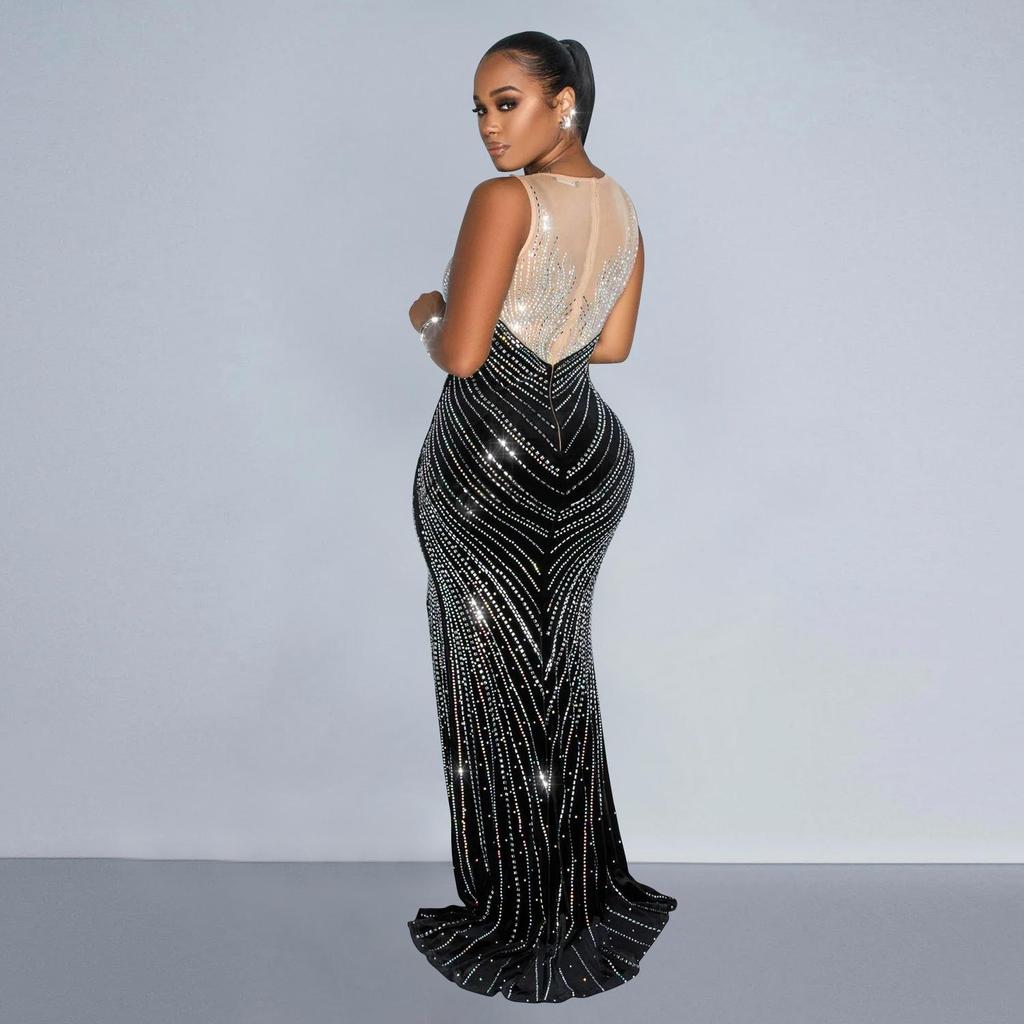 European and American Fashion Women's Sleeveless Rhinestone Round Neck Long Dress