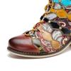 Johnature Genuine Leather Short Boots Hand Printed Retro Patchwork Fashionable Rivets Mid Heeled Shoes