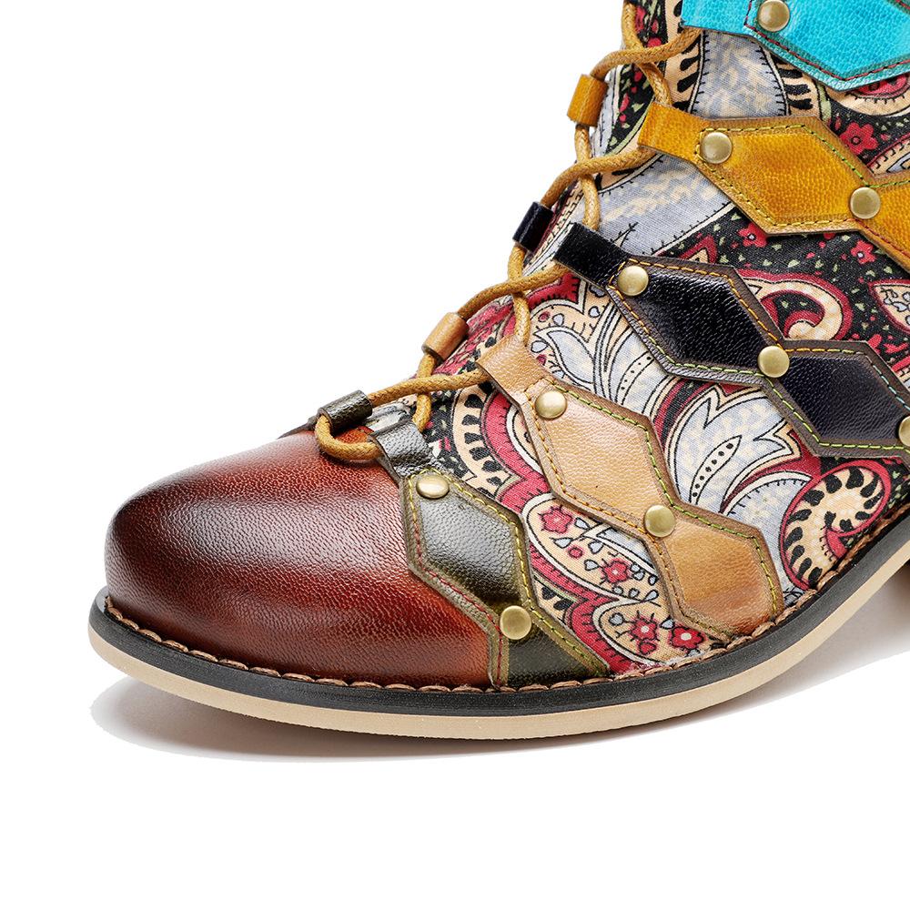 Johnature Genuine Leather Short Boots Hand Printed Retro Patchwork Fashionable Rivets Mid Heeled Shoes