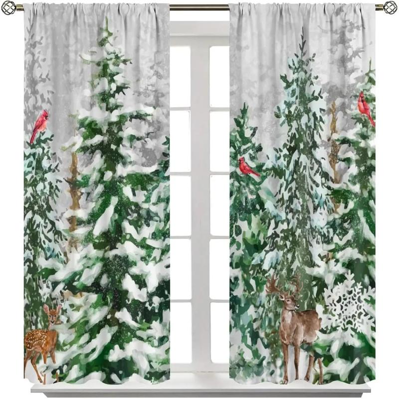 2pcs Watercolor Winter Forest Printed Curtains, Designed for Light Filtering, Quality Material, Ideal for Christmas Home Window