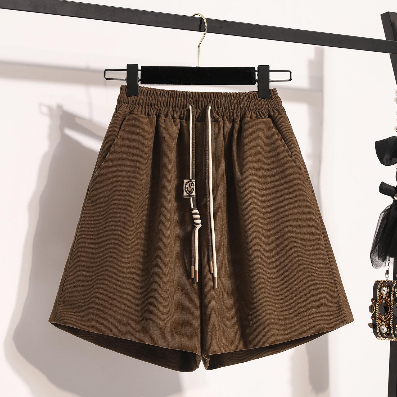 

DIMANAF 2024 шорты больших размеров осенние женские вельветовые широкие брюки с высокой талией повседневные свободные повседневные короткие брюки 3XL коричневый