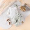 Baby Girl Fall Outfit, Long Sleeve Ribbed Romper Checkerboard Pants Daisy Headband Belt 4 Piece Set