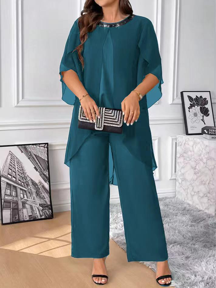 Plus Size Women's Sequin Chiffon Round Neck 3/4 Sleeve Elastic Waist Pants Set