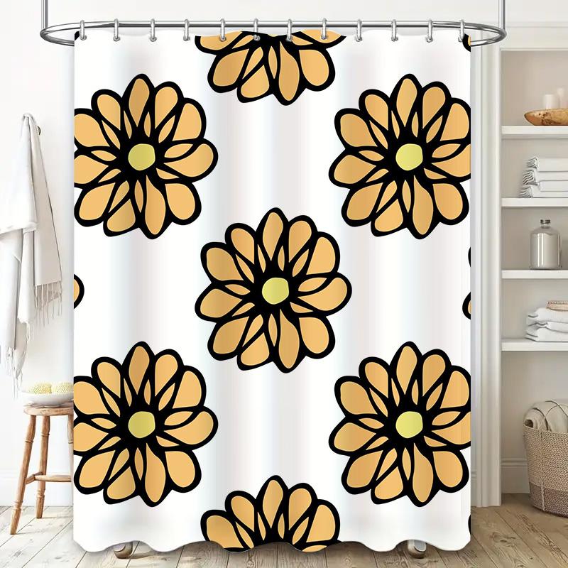 Modern Bathroom Shower Curtain Black Flower Print Waterproof Fabric Decorative Home Decoration White With Yellow Flowers (180X24