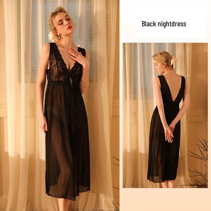Elegant Women's Wide Strap Mesh Lace Nightgown Pajamas