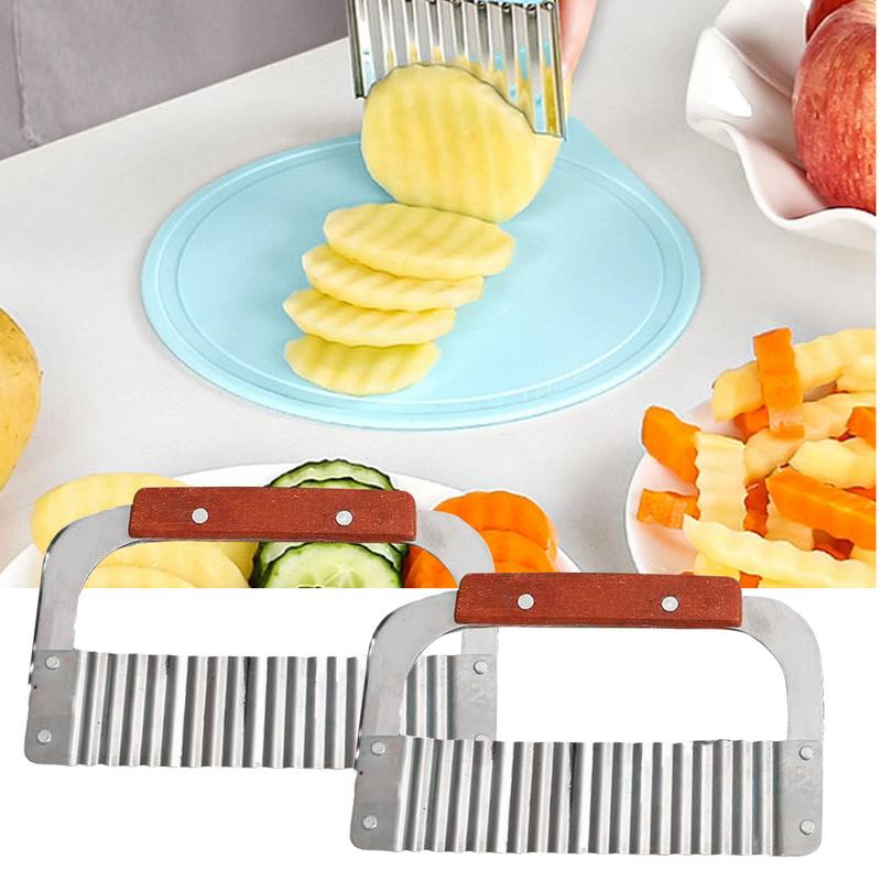 Crinkle Cutter For Veggies Stainless Steel Wavy Fry Cutter Wooden Handle Kitchen Slicer French Chopping Cutting Tool For