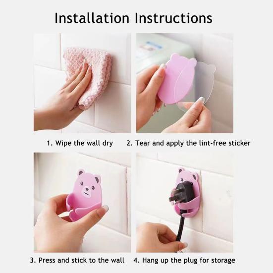 Cute Bear Plugs Holders Adhesive Wall Hook Plastic Phone Charger Holders No Drilling Needed Wall Mounted Organizer for Plugs Charger Storage