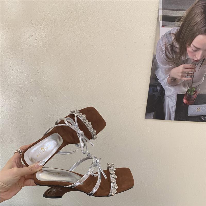 Fashion Square Heel Low Flower High-Heeled Shoes Lady Ladies' Slippers Block Summer PU Rubber Scandals Fabric Slides Floral Hoof