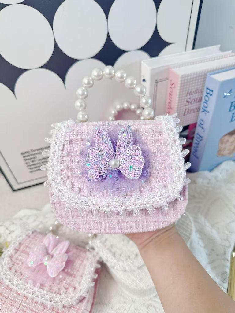 Crossbody Kids' Square Bag with Rabbit Applique and Pearl Trim