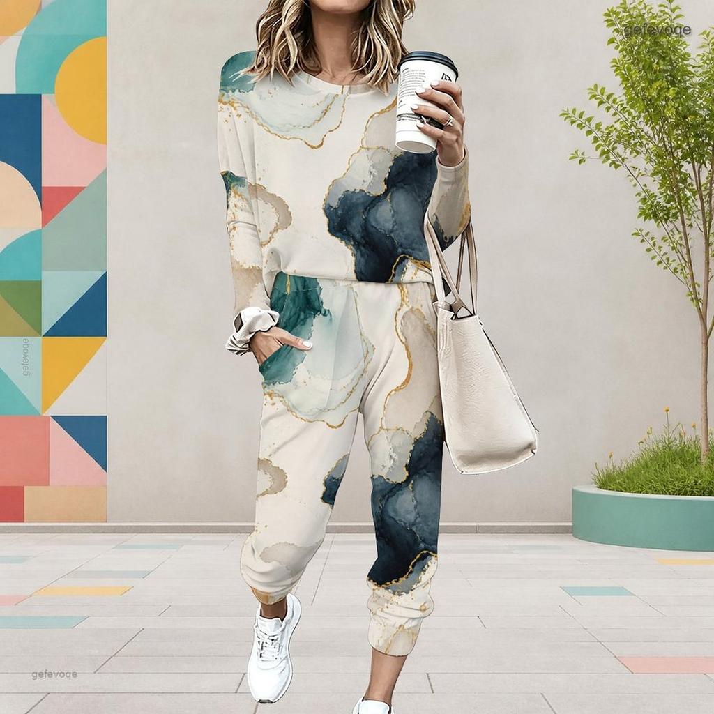 Women Plus Size Round Neck Long Sleeve Printed Cuffed Top And Pants Set With Pockets