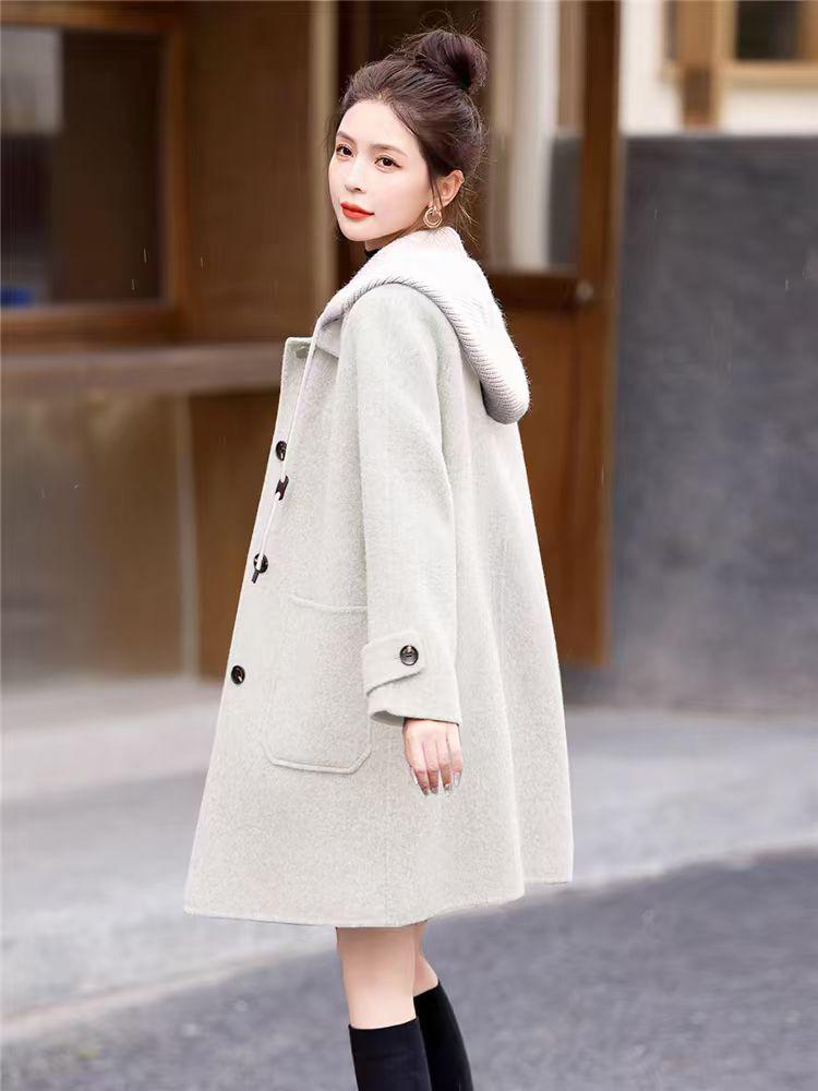 Women's Hooded Double-Faced Cashmere Coat - Slim College Style, Mid-Length, Versatile Wool for Autumn/Winter.