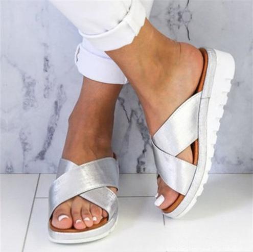 

Summer Beach Vacation Women Slippers Fashion Solid Color Open Toe Thick Sole Shoes Ladies Casual Walking Sandals 43 срібний