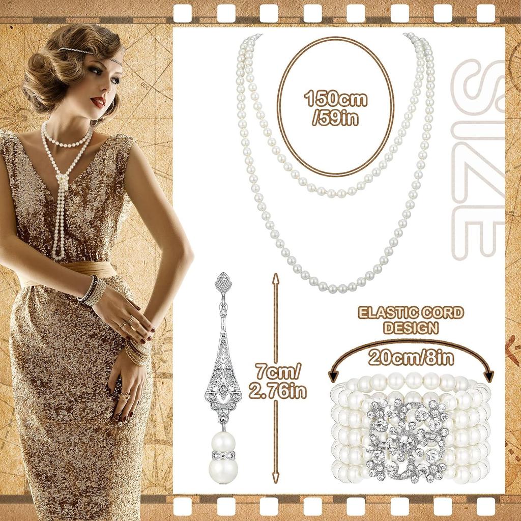 Maitys 3 Pcs 1920s Pearl Jewelry Set Halloween Flapper Accessory | Halloween Costume, Necklace Bracelet Earrings, Imitation Pearls, Christmas Vintage