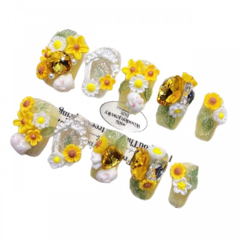 Handmade Short Length Press-On Nails With Cute Yellow Moon Rabbit Design Women Girls Natural Look Wearable Art
